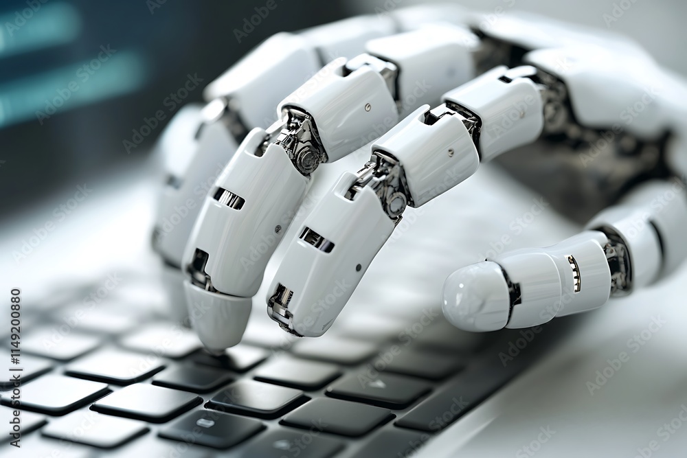 Poster robot hand typing on a keyboard. concept of artificial intelligence, automation, and future technolo