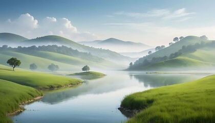 Serene Misty Valley Landscape With Calm Lake