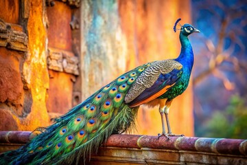 Naklejka premium Majestic Indian Peafowl Posing on a Wall Against a Vibrant, Colorful Background