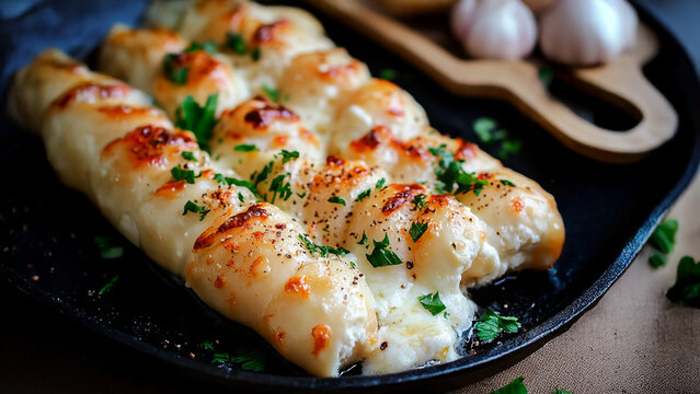 Plate food with cheese and herbs. Cheese dish kupaty plate snack round lies. A round of kupaty lies on a plate. The photo is of a plate of shrimp with a lifestyle side of parsley.