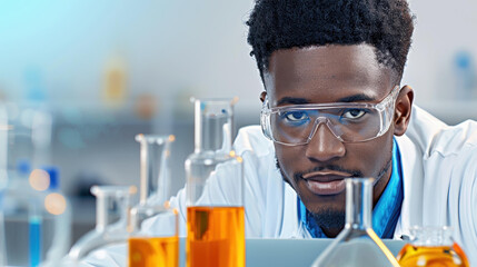 Male scientists collaborate on a laptop, innovating in a cuttingedge lab filled with hightech equipment.