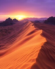 Naklejka premium Breathtaking view of a desert landscape at sunset, showcasing vibrant hues of orange and purple as the sun dips below the horizon, casting shadows over the dunes.