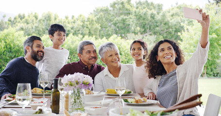 Celebration, happy and family with selfie at lunch by home for holiday memory, profile picture update or support. People, parents and grandparents with kids on patio for bonding, love or thanksgiving