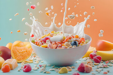 A bowl of colorful cereal with milk splashing mid-pour, surrounded by fresh fruits with colorful background. Wallpaper and marketing picture
