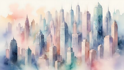 A watercolor painting of a city skyline in soft pastel colors