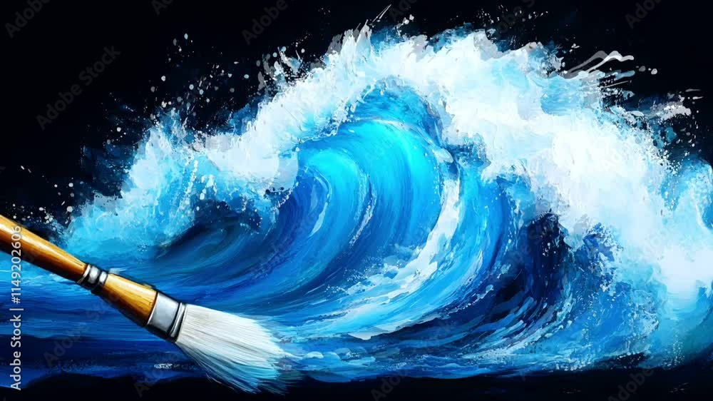 Aufkleber creative ocean wave painting. artistic brush stroke depicting a dynamic blue wave on a black backgro