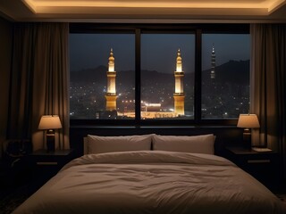 Beautiful view mecca through window from hotel	bedroom