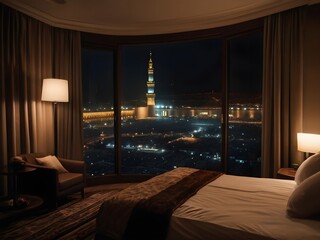 Beautiful view mecca through window from hotel	bedroom
