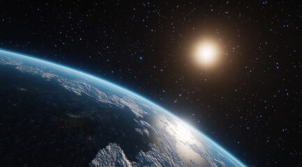 Fototapeta premium The Earth with blue rays, stars, and a glowing sun. Seen from orbit, its surface lights and horizon create a cosmic spectacle. Ideal for space, planetary views. 