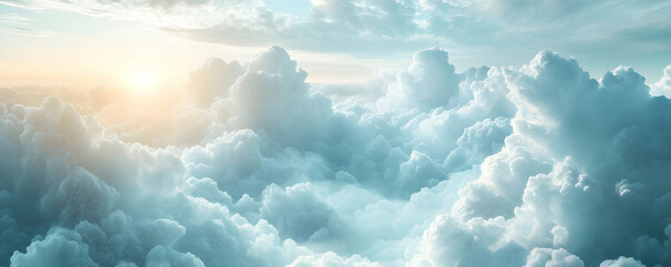 A serene view of fluffy clouds illuminated by soft sunlight.