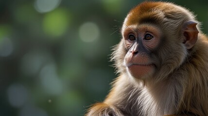Obraz premium Close-up portrait of a pensive monkey in profile, with a soft focus bokeh background.