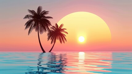 Experience the serene beauty of a sunset over a tropical island, framed by swaying palm trees and golden sands.