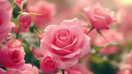 Obraz premium A vibrant field of pink roses blooms beneath the protective shade of a greenhouse, showcasing natures beauty.