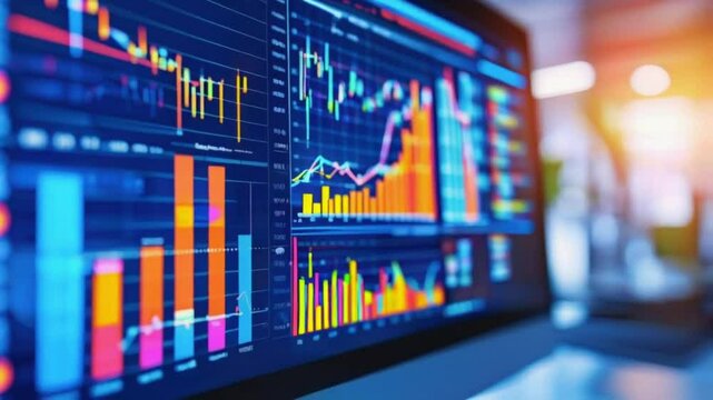 Digital stock market charts and graphs on a glowing screen with data analysis visuals