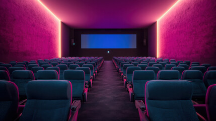 Fototapeta premium vibrant cinema hall with glowing pink lights and empty seats