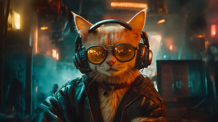A cat wearing headphones. Cat dj color club disco glasses headphones. A cat with glasses and headphones on a disco. Lifestyle.