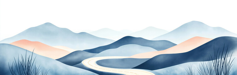 Serene mountain landscape with winding road. Soft watercolor style shows gradient colors. Mountains in shades of blue, soft peach. Road winds through valley. Flat design style creates simple lines,