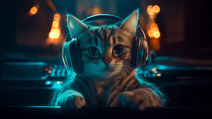 A cat wearing headphones. Cat dj color club disco glasses headphones. A cat with glasses and...