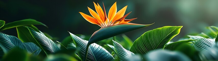 A vibrant orange bird of paradise flower blooms amid lush green leaves, creating a tropical ambiance filled with life and color.