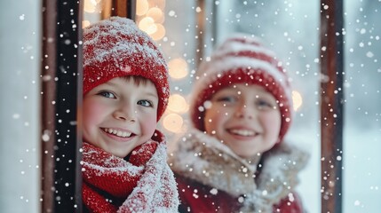 Smiling children near snowy window with glowing Christmas lights. Wear red winter hats, scarves covered with snow. Snow falls outside. Festive scene. Christmas spirit. Winter holiday. Family time.