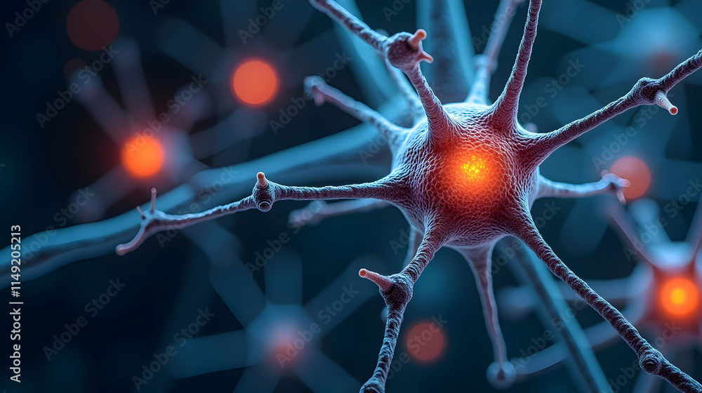 Poster intricate neural network: a microscopic view of interconnected neurons, glowing with vibrant energy.