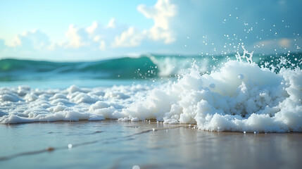 Ocean waves crash, frothy white foam explodes on the shore.  A serene, sunlit beach scene unfolds.