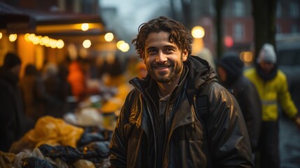 Obraz premium A volunteer distributing food to the homeless in an urban setting