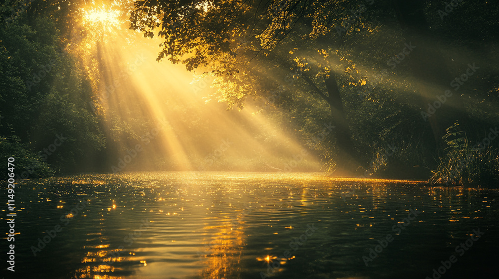 Poster Sunlight filtering through trees above a calm river at dawn. 