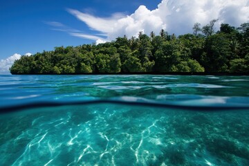 Obraz premium Tropical island with lush vegetation and clear turquoise water.