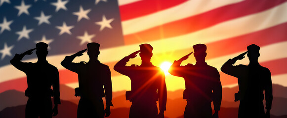 Silhouetted soldiers salute at sunset, a majestic American flag backdrop; a powerful tribute to service and sacrifice.
