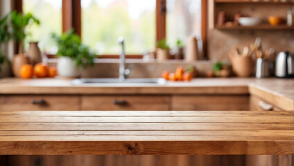 A Cozy Wooden Table Set Against a Blurred Kitchen Background Evoking Warmth and Comfort