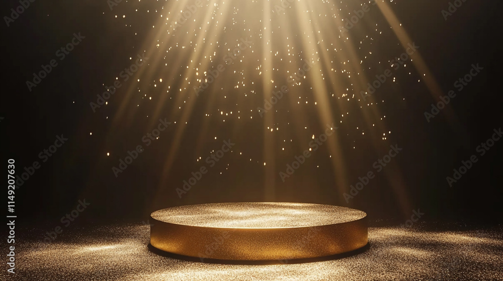 Poster illuminated circular stage with golden surface and shimmering lights in dark space.