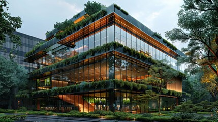 Fototapeta premium Modern Eco-Friendly Office Building with Lush Green Facade and Interior Plants