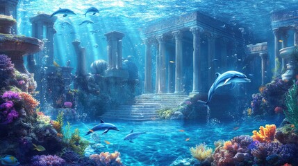 Underwater Temple with Dolphins and Coral Reef