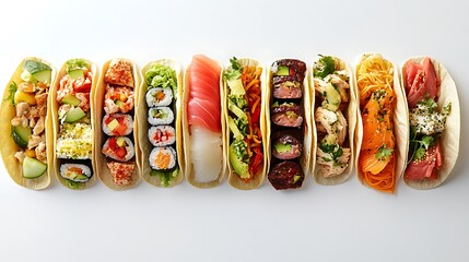 A clean and detailed layout of global cuisines, featuring tacos, sushi, and pasta arranged elegantly on white 