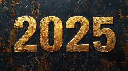 Bold golden numbers 2025 on a textured black background, showcasing an elegant and luxurious design perfect for new year celebrations, festive themes, and premium graphics