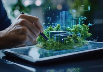 A hand sketches a futuristic cityscape on a digital tablet, showcasing a seamless blend of nature and technology, exemplifying modern architectural design in a virtual environment.