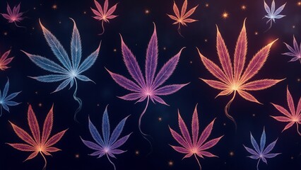 Fototapeta premium Celestial marijuana leaves crafted from glowing smoke, surrounded by star-like sparks on a deep purple-to-black gradient. Magical, detailed, and seamlessly ethereal design.
