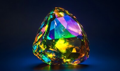 Iridescent, faceted gemstone with luminous colors on a dark background.