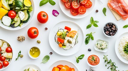 A close-up of modern dishes, focusing on artistic plating and fresh ingredients on a pristine white background 