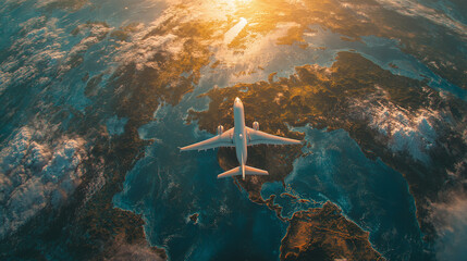 Airplane over a world map, global travel and international tourism, a business and transportation concept for flight, destination, and airline cargo delivery trip around planet.