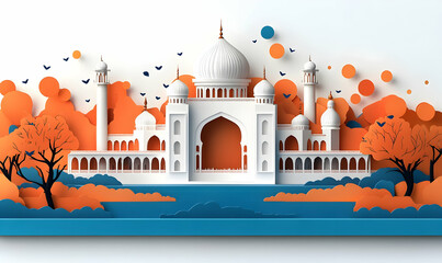 Naklejka premium A stylized paper-cut illustration of a monument surrounded by colorful trees and birds.
