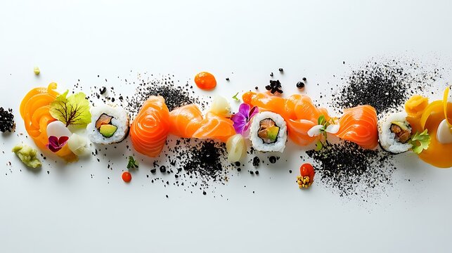A close-up view of international dishes, including fresh sushi rolls, colorful curries, and artistic pasta plating, on a bright white backdrop 