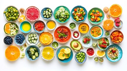 A colorful arrangement of plated dishes from various cuisines, emphasizing vibrant textures on a clean white background 