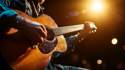 Obraz premium Musician performing with acoustic guitar under warm stage lights. 