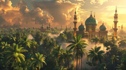 Mosque silhouette, mawlid. Web banner with copy space.