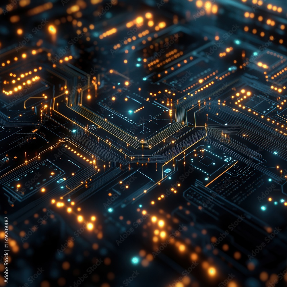 Poster abstract futuristic circuit board with glowing orange and teal lights high-resolution 3d render of c