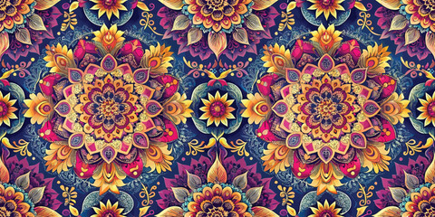 Vibrant floral mandala pattern featuring intricate designs in rich colors against a deep blue background.