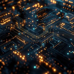 Abstract Futuristic Circuit Board with Glowing Orange and Teal Lights High-Resolution 3D Render of Complex Technology Background