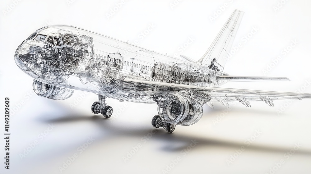 Poster transparent x-ray airplane design 3d render of aircraft internal structure and mechanics.
